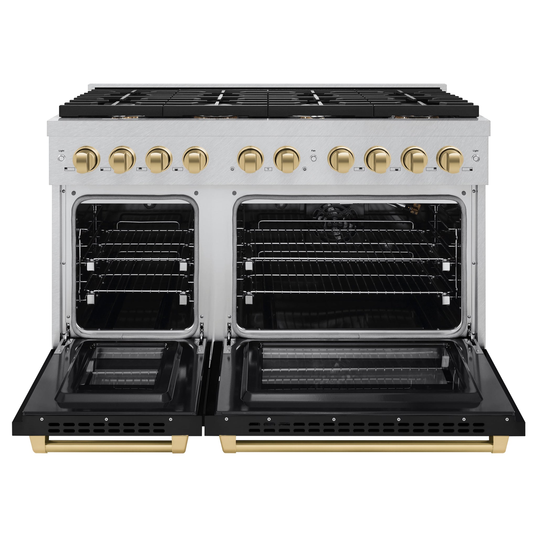 ZLINE Autograph Edition 48 in. 6.7 cu. ft. Paramount Double Oven Gas Range with 8 Burner Cooktop in Satin Stainless Steel with Black Matte Doors and Champagne Bronze Accents (SGRSZ-BLM-48-CB)