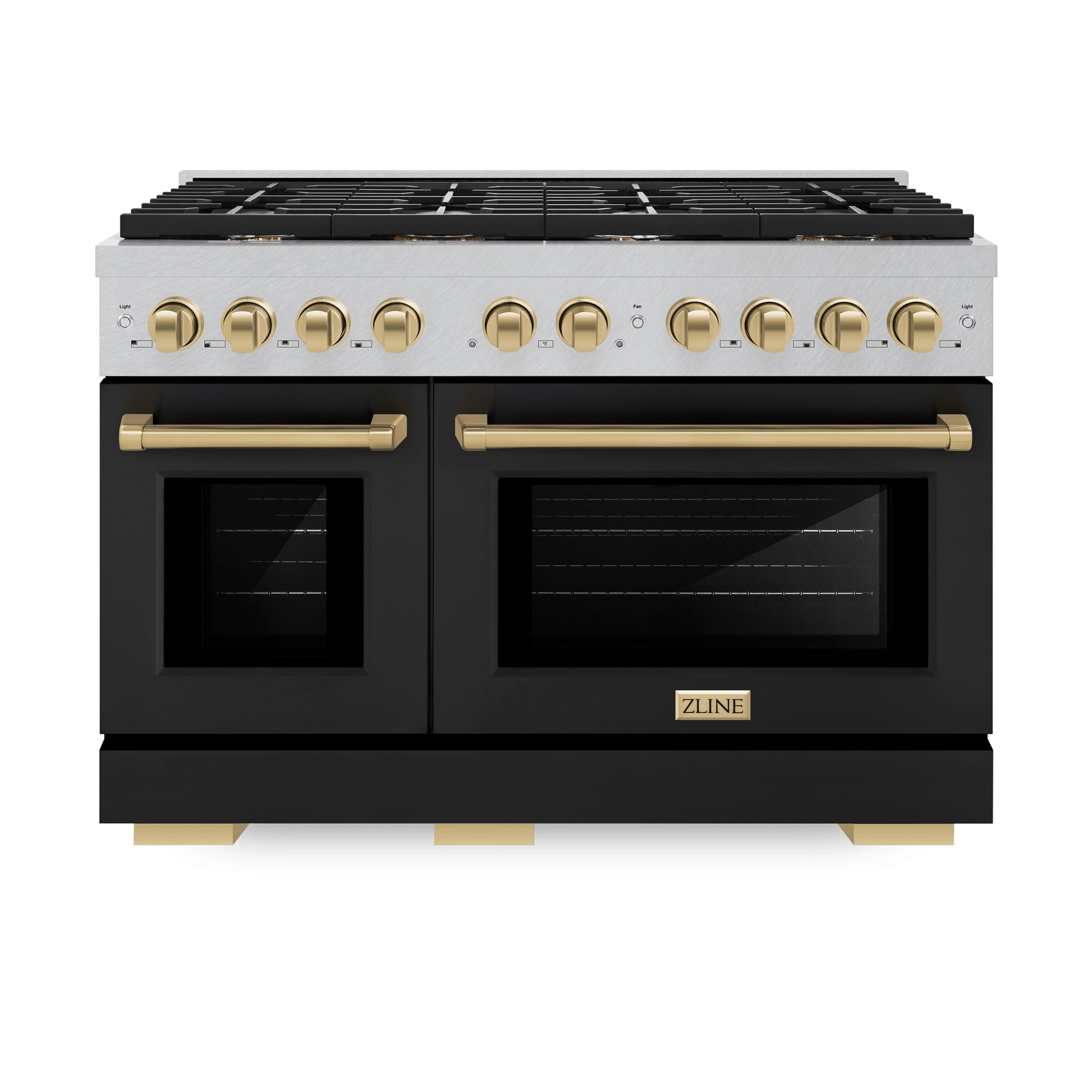 ZLINE Autograph Edition 48 in. 6.7 cu. ft. Paramount Double Oven Gas Range with 8 Burner Cooktop in Satin Stainless Steel with Black Matte Doors and Champagne Bronze Accents (SGRSZ-BLM-48-CB)