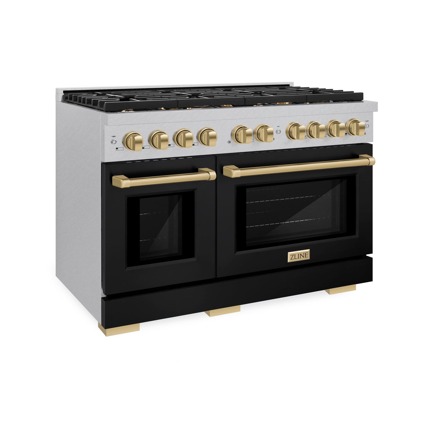 ZLINE Autograph Edition 48 in. 6.7 cu. ft. Paramount Double Oven Gas Range with 8 Burner Cooktop in Satin Stainless Steel with Black Matte Doors and Champagne Bronze Accents (SGRSZ-BLM-48-CB)