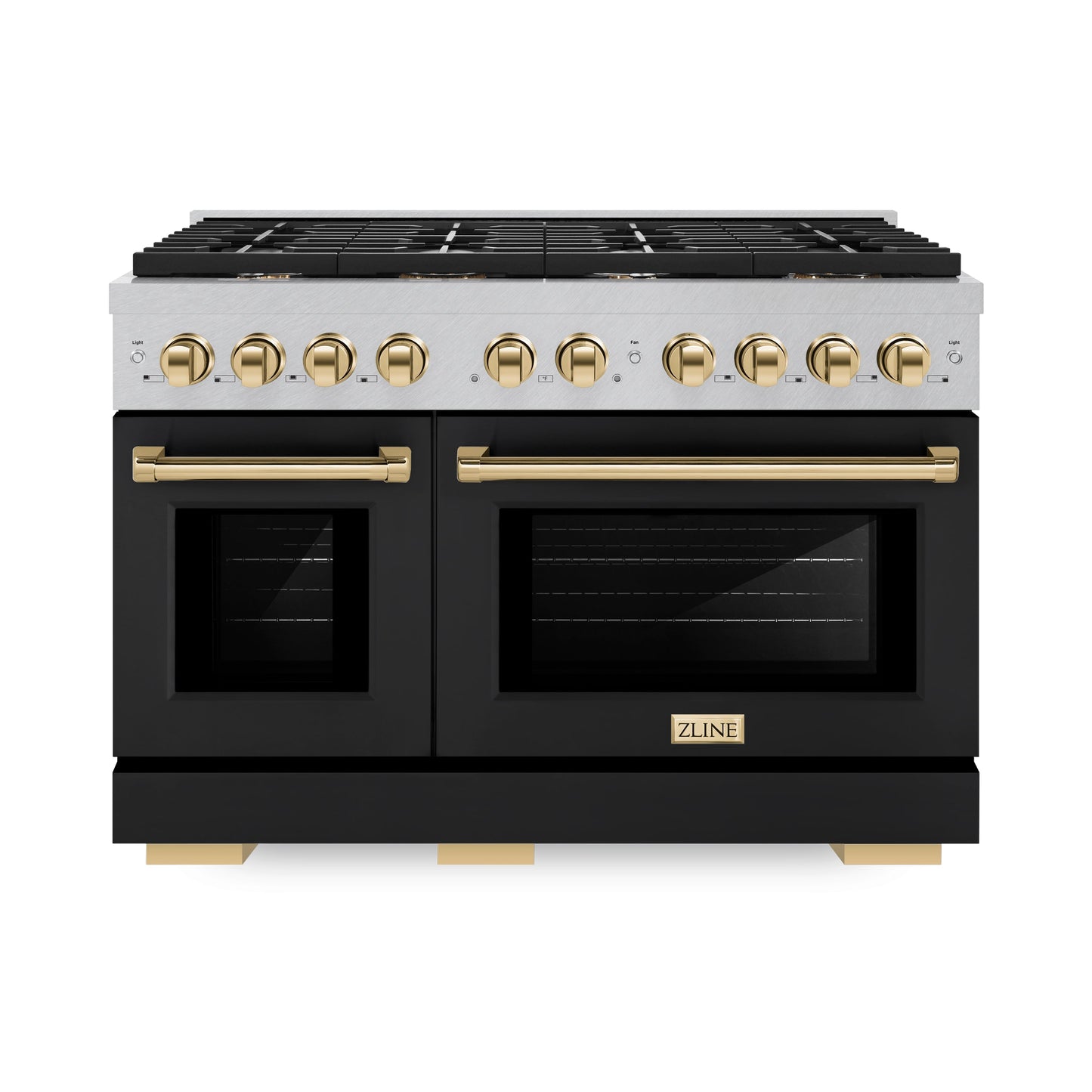 ZLINE Autograph Edition 48 in. 6.7 cu. ft. Paramount Double Oven Gas Range with 8 Burner Cooktop in Satin Stainless Steel with Black Matte Doors and Polished Gold Accents (SGRSZ-BLM-48-G)