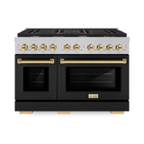 ZLINE Autograph Edition 48 in. 6.7 cu. ft. Paramount Double Oven Gas Range with 8 Burner Cooktop in Satin Stainless Steel with Black Matte Doors and Polished Gold Accents (SGRSZ-BLM-48-G)