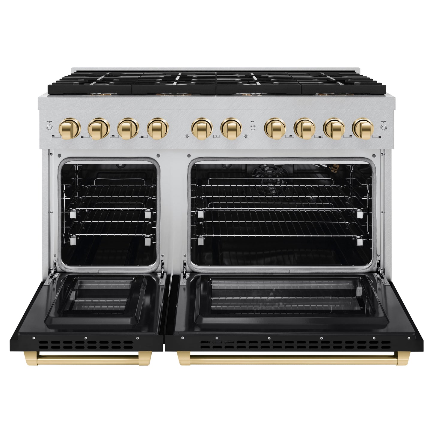 ZLINE Autograph Edition 48 in. 6.7 cu. ft. Paramount Double Oven Gas Range with 8 Burner Cooktop in Satin Stainless Steel with Black Matte Doors and Polished Gold Accents (SGRSZ-BLM-48-G)