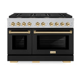 ZLINE Autograph Edition 48 in. 6.7 cu. ft. Paramount Double Oven Gas Range with 8 Burner Cooktop in Satin Stainless Steel with Black Matte Doors and Polished Gold Accents (SGRSZ-BLM-48-G)