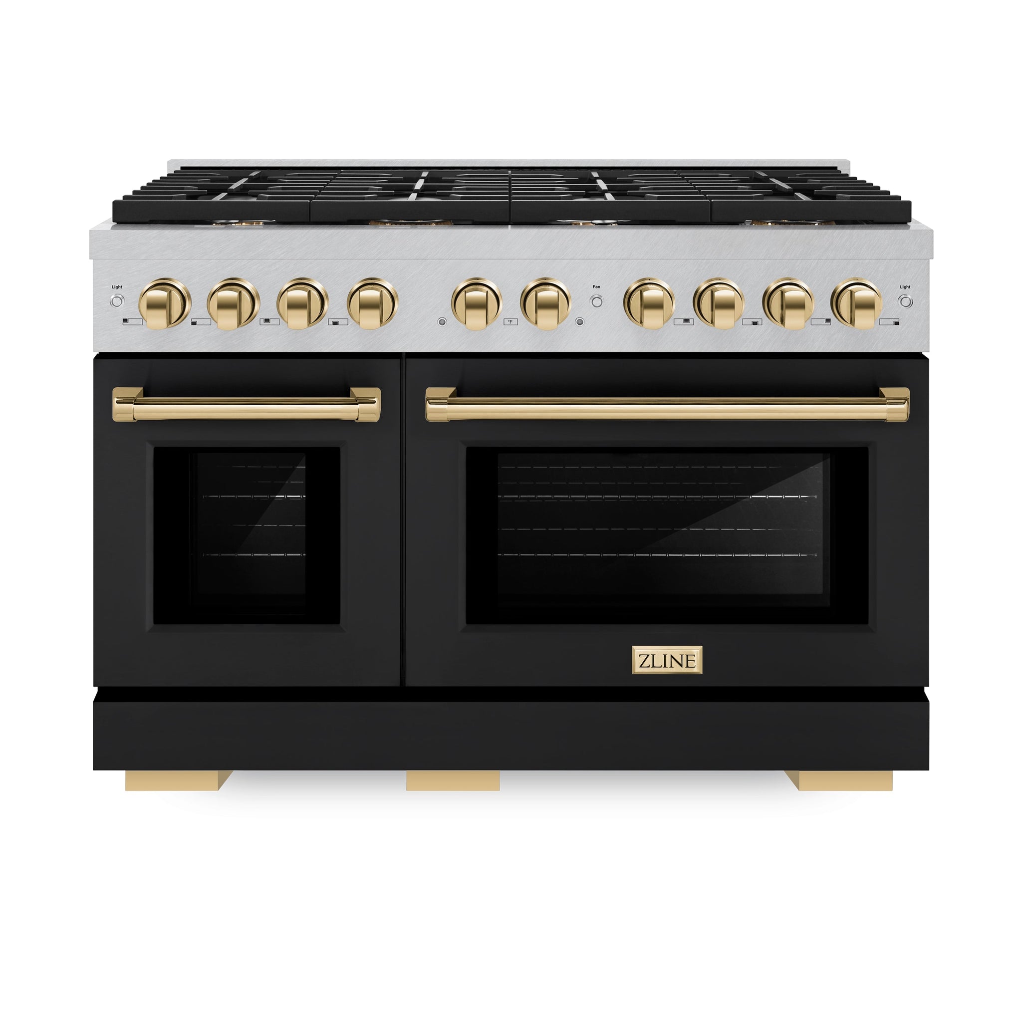 ZLINE Autograph Edition 48 in. 6.7 cu. ft. Paramount Double Oven Gas Range with 8 Burner Cooktop in Satin Stainless Steel with Black Matte Doors and Polished Gold Accents (SGRSZ-BLM-48-G)