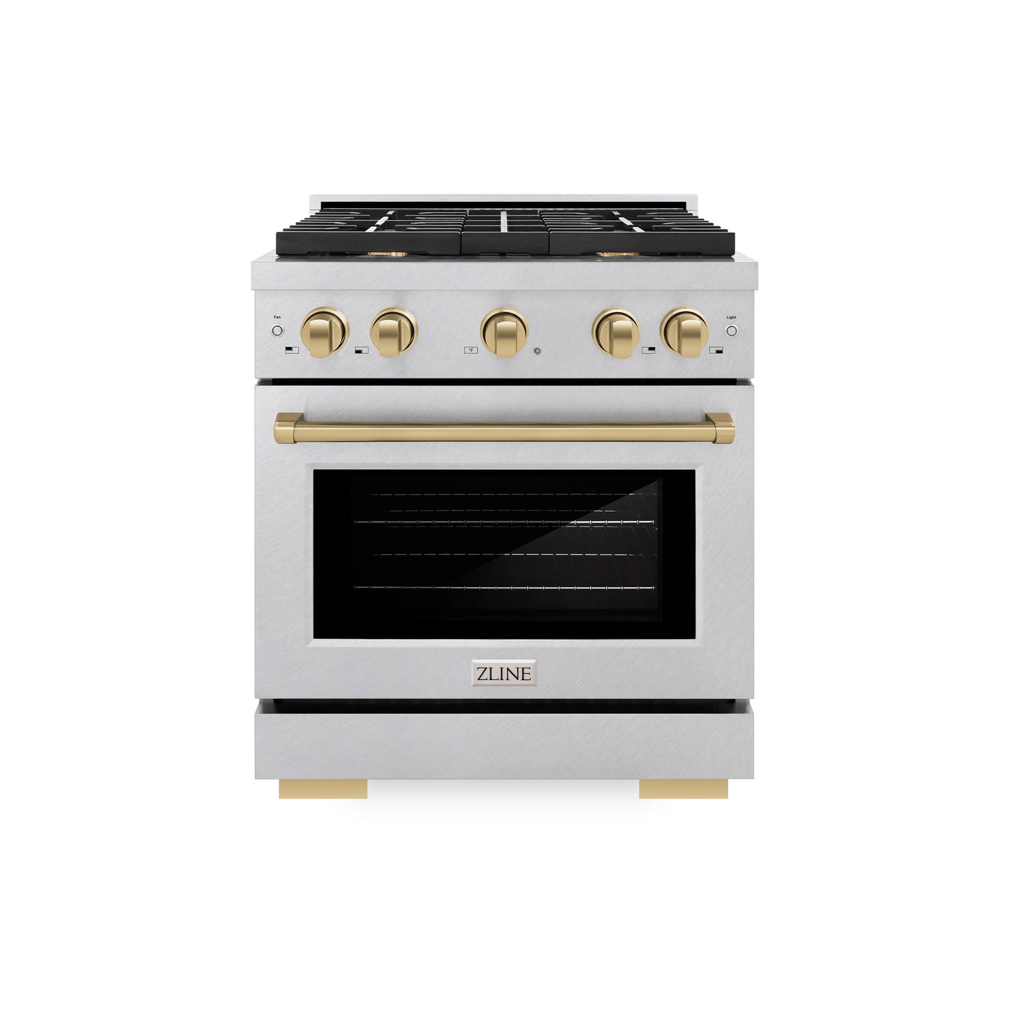 ZLINE Autograph Edition 30 in. 4.2 cu. ft. Paramount Dual Fuel Range with 4 Burner Gas Cooktop and Electric Convection Oven in Satin Stainless Steel with Champagne Bronze Accents (SDRSZ-30-CB)