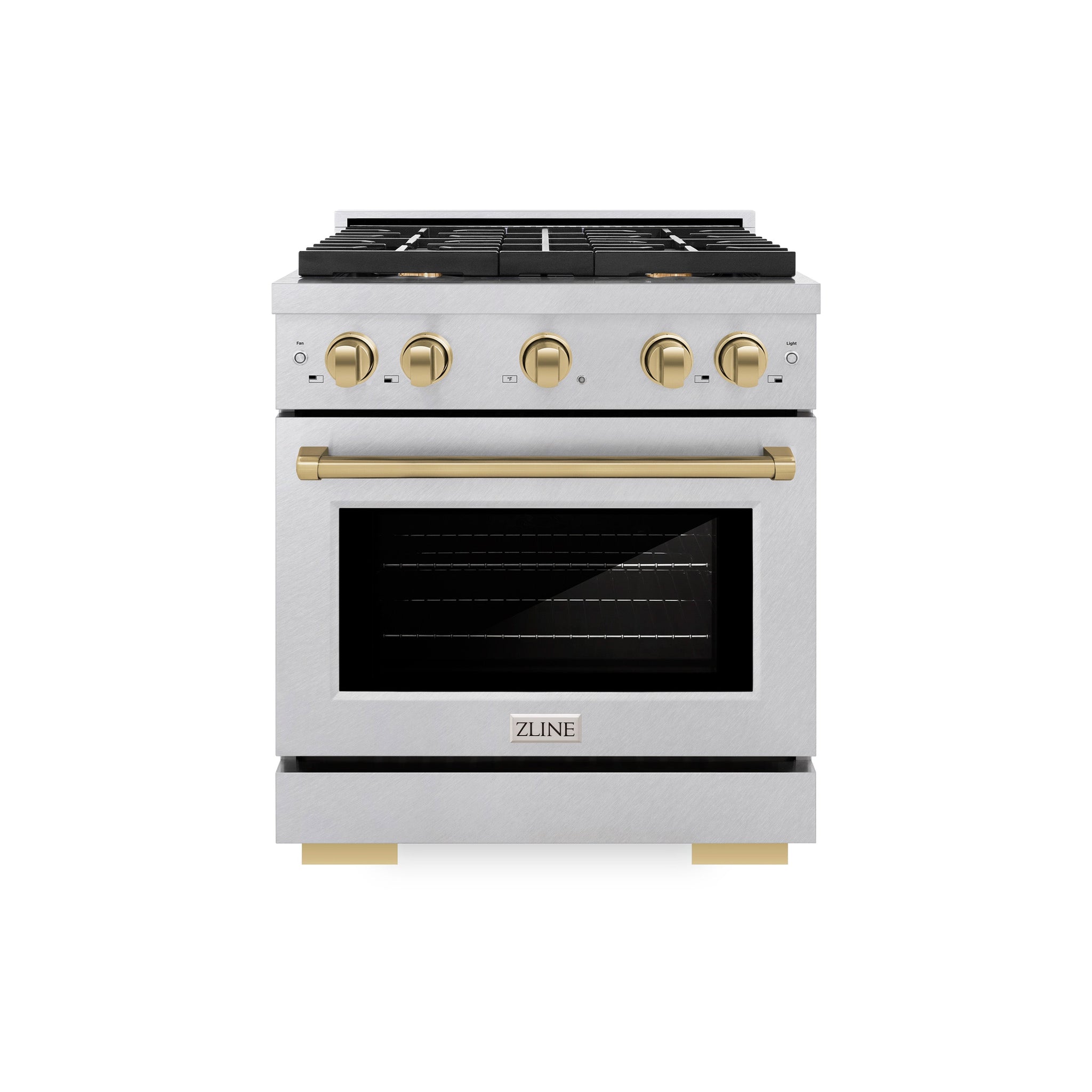 ZLINE Autograph Edition 30 in. 4.2 cu. ft. Paramount Dual Fuel Range with 4 Burner Gas Cooktop and Electric Convection Oven in Satin Stainless Steel with Champagne Bronze Accents (SDRSZ-30-CB)