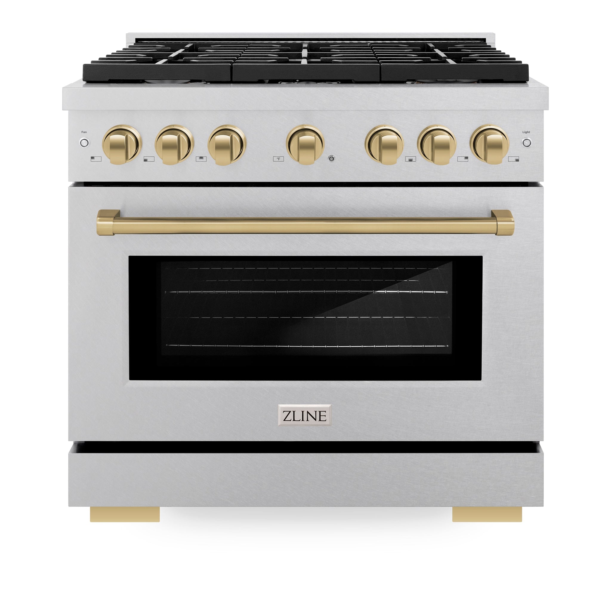 ZLINE Autograph Edition 36 in. 5.2 cu. ft. Paramount Dual Fuel Range with 6 Burner Gas Cooktop and Electric Convection Oven in Satin Stainless Steel with Champagne Bronze Accents (SDRSZ-36-CB)