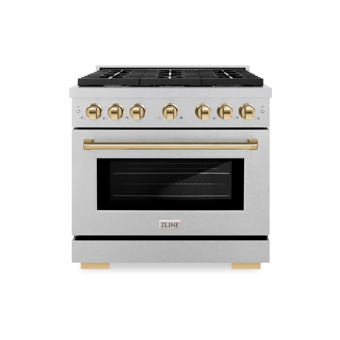 ZLINE Autograph Edition 36 in. 5.2 cu. ft. Paramount Dual Fuel Range with 6 Burner Gas Cooktop and Electric Convection Oven in Satin Stainless Steel with Polished Gold Accents (SDRSZ-36-G)