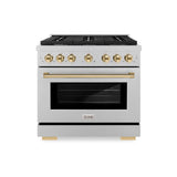ZLINE Autograph Edition 36 in. 5.2 cu. ft. Paramount Dual Fuel Range with 6 Burner Gas Cooktop and Electric Convection Oven in Satin Stainless Steel with Polished Gold Accents (SDRSZ-36-G)