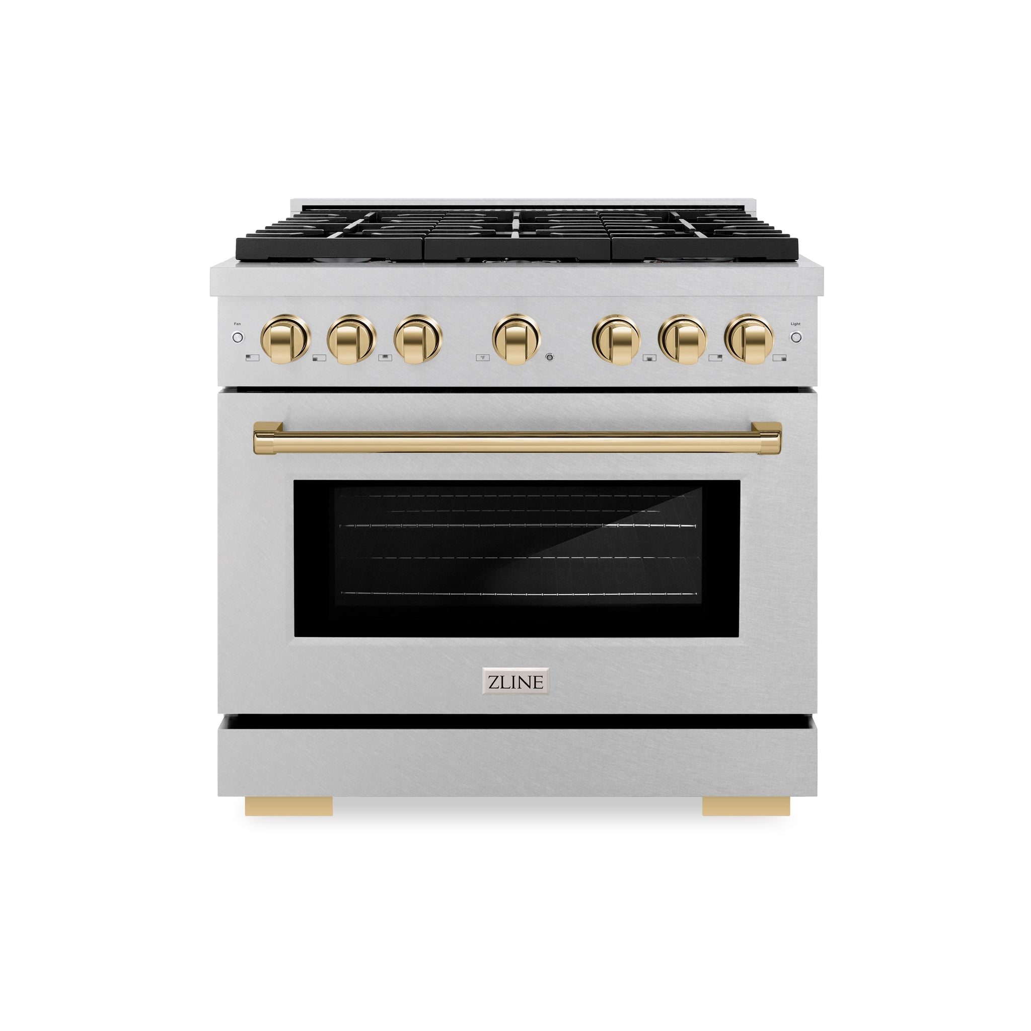 ZLINE Autograph Edition 36 in. 5.2 cu. ft. Paramount Dual Fuel Range with 6 Burner Gas Cooktop and Electric Convection Oven in Satin Stainless Steel with Polished Gold Accents (SDRSZ-36-G)