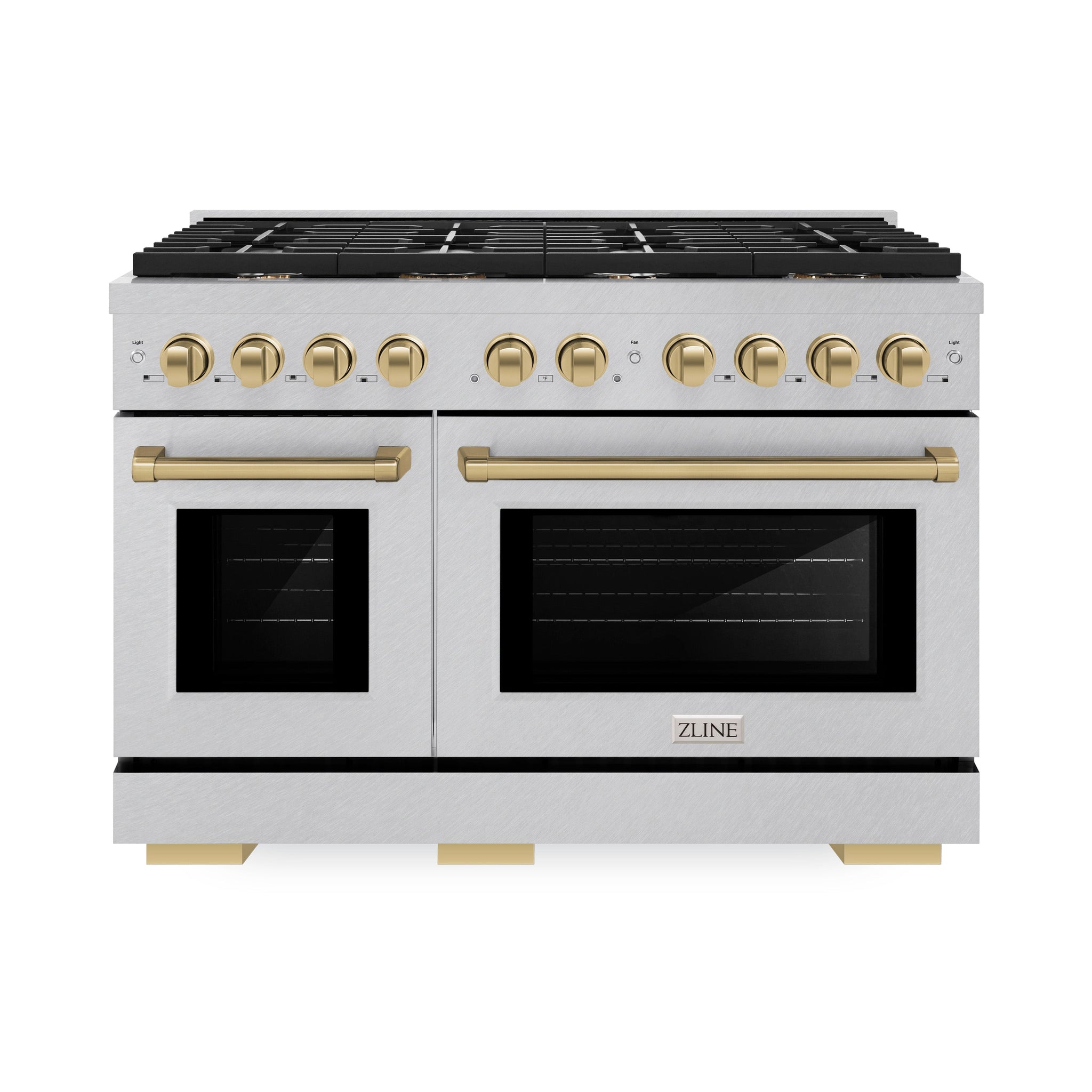 ZLINE Autograph Edition 48 in. 6.7 cu. ft. Paramount Double Oven Dual Fuel Range with 8 Burner Gas Cooktop in Satin Stainless Steel and Champagne Bronze Accents (SDRSZ-48-CB)
