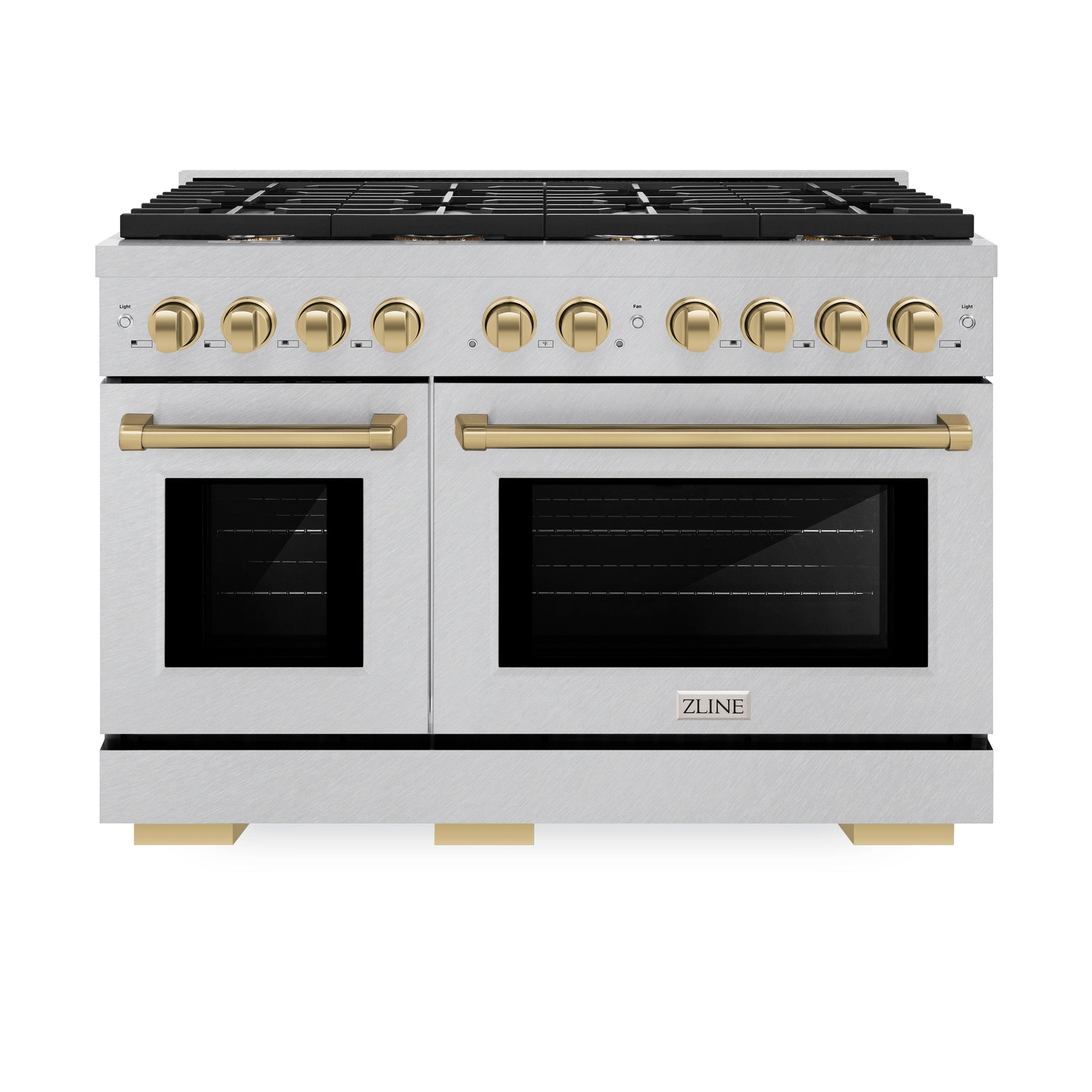 ZLINE Autograph Edition 48 in. 6.7 cu. ft. Paramount Double Oven Dual Fuel Range with 8 Burner Gas Cooktop in Satin Stainless Steel and Champagne Bronze Accents (SDRSZ-48-CB)