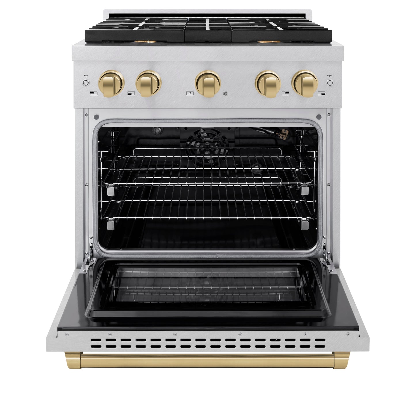 ZLINE Autograph Edition 30 in. 4.2 cu. ft. Paramount Gas Range with 4 Burner Cooktop and Convection Gas Oven in Satin Stainless Steel and Champagne Bronze Accents (SGRSZ-30-CB)