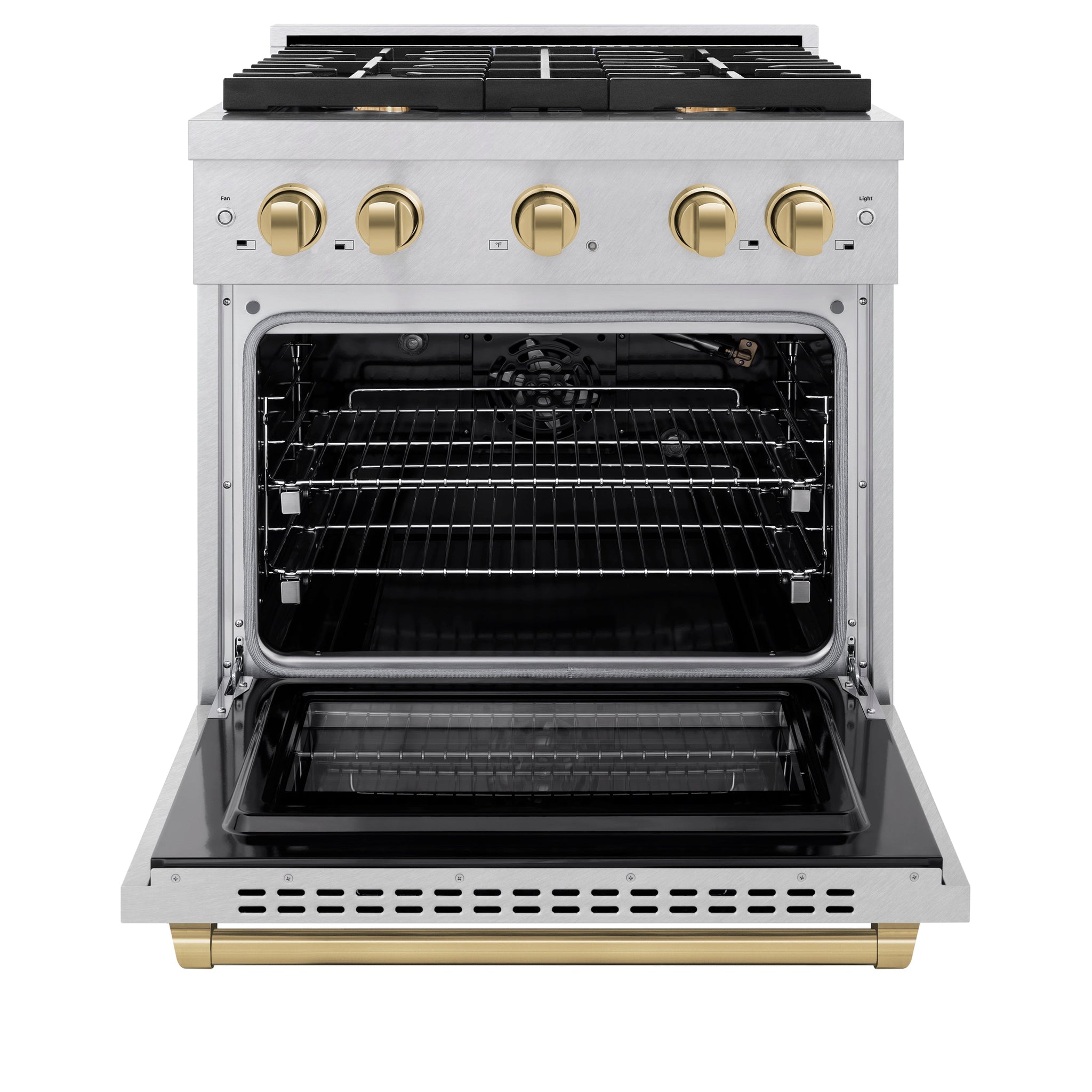 ZLINE Autograph Edition 30 in. 4.2 cu. ft. Paramount Gas Range with 4 Burner Cooktop and Convection Gas Oven in Satin Stainless Steel and Champagne Bronze Accents (SGRSZ-30-CB)