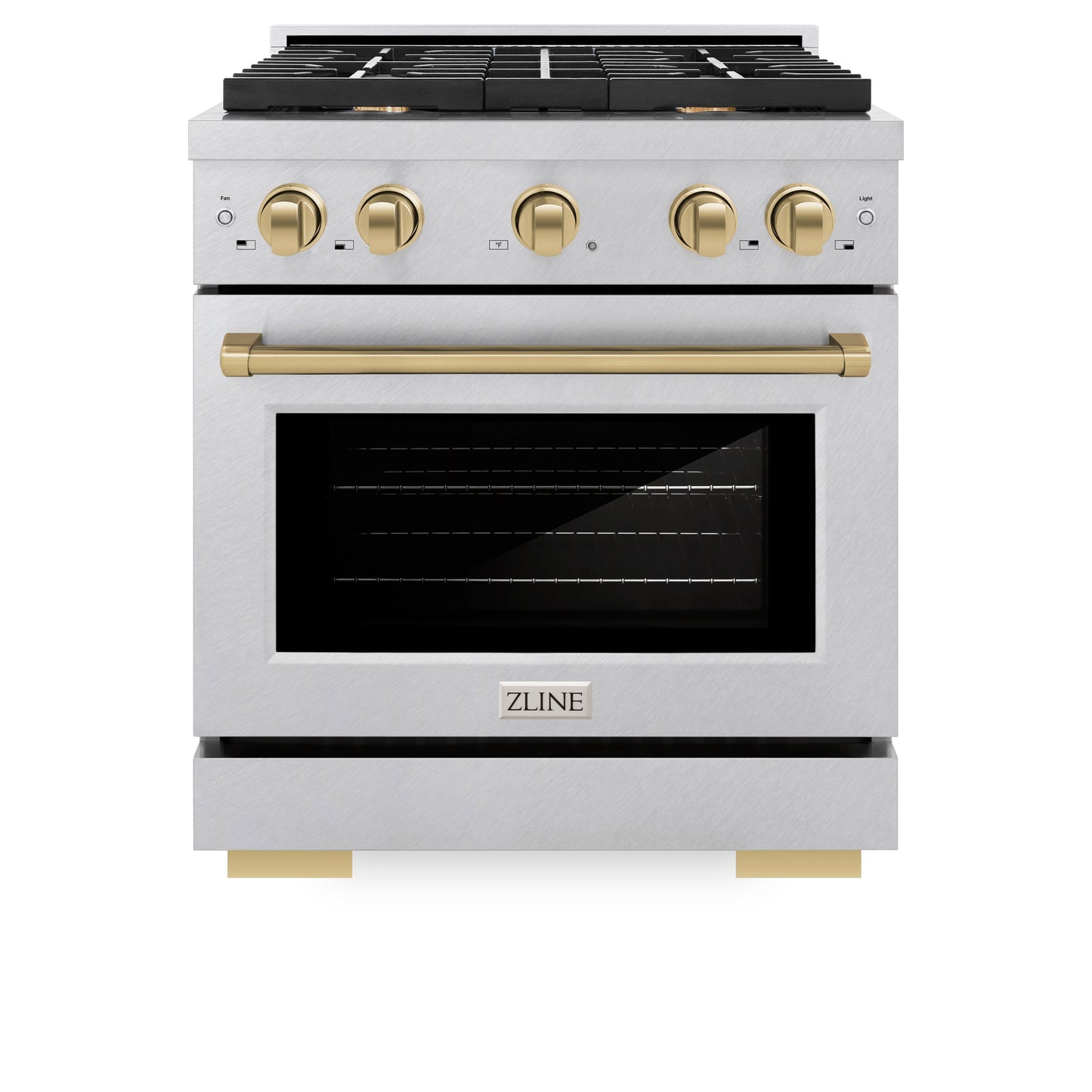 ZLINE Autograph Edition 30 in. 4.2 cu. ft. Paramount Gas Range with 4 Burner Cooktop and Convection Gas Oven in Satin Stainless Steel and Champagne Bronze Accents (SGRSZ-30-CB)