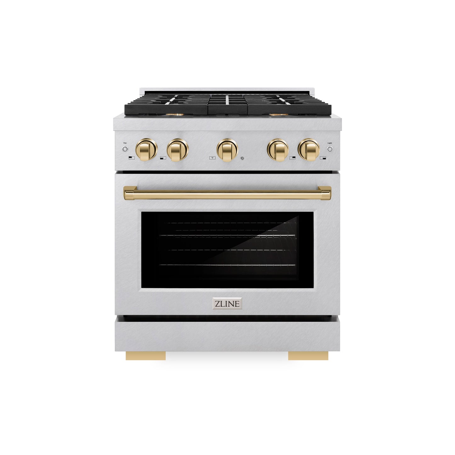 ZLINE Autograph Edition 30 in. 4.2 cu. ft. Paramount Gas Range with 4 Burner Cooktop and Convection Gas Oven in Satin Stainless Steel and Polished Gold Accents (SGRSZ-30-G)