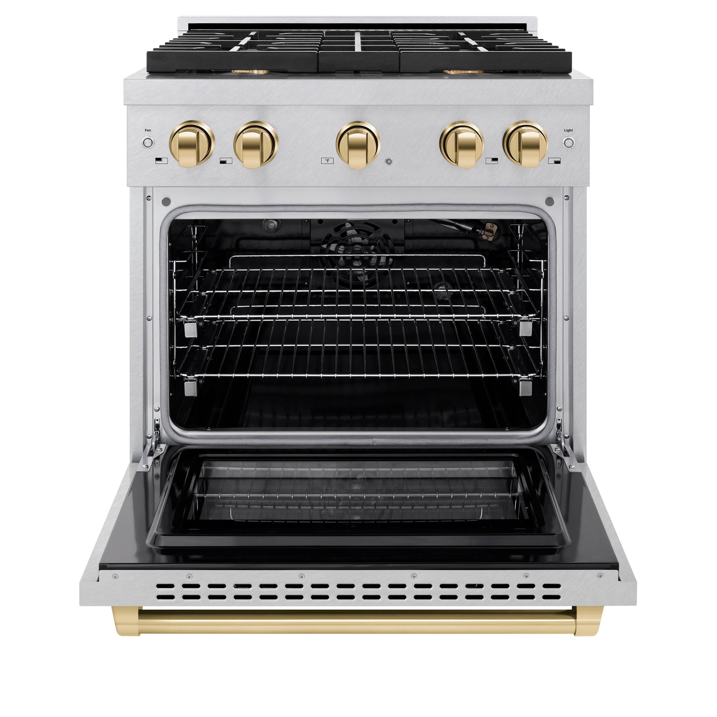 ZLINE Autograph Edition 30 in. 4.2 cu. ft. Paramount Gas Range with 4 Burner Cooktop and Convection Gas Oven in Satin Stainless Steel and Polished Gold Accents (SGRSZ-30-G)
