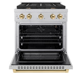 ZLINE Autograph Edition 30 in. 4.2 cu. ft. Paramount Gas Range with 4 Burner Cooktop and Convection Gas Oven in Satin Stainless Steel and Polished Gold Accents (SGRSZ-30-G)