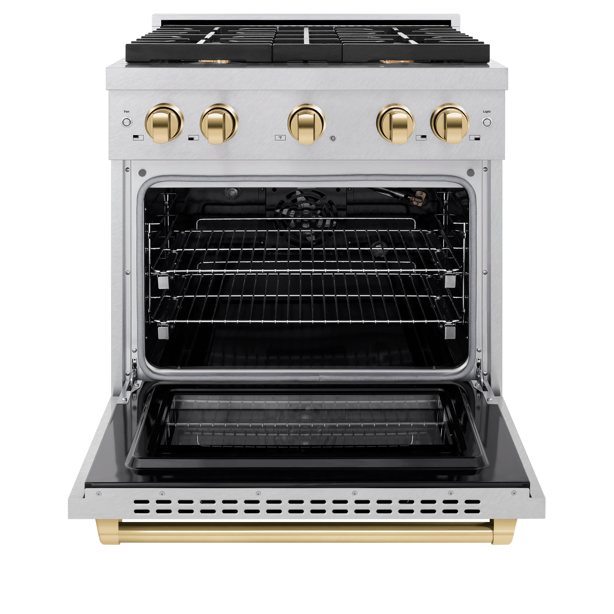 ZLINE Autograph Edition 30 in. 4.2 cu. ft. Paramount Gas Range with 4 Burner Cooktop and Convection Gas Oven in Satin Stainless Steel and Polished Gold Accents (SGRSZ-30-G)