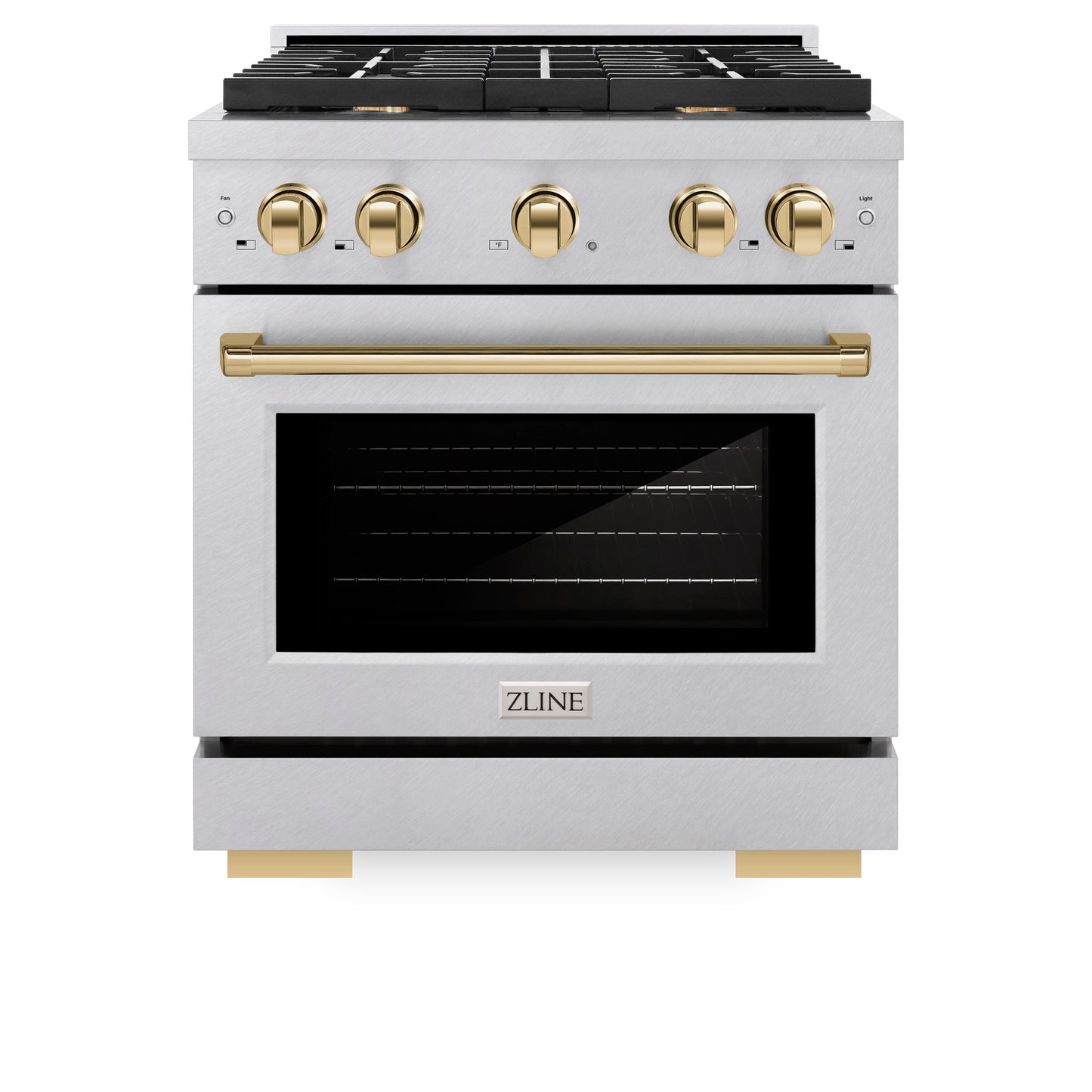 ZLINE Autograph Edition 30 in. 4.2 cu. ft. Paramount Gas Range with 4 Burner Cooktop and Convection Gas Oven in Satin Stainless Steel and Polished Gold Accents (SGRSZ-30-G)