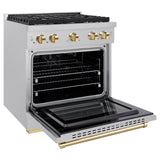 ZLINE Autograph Edition 30 in. 4.2 cu. ft. Paramount Gas Range with 4 Burner Cooktop and Convection Gas Oven in Satin Stainless Steel and Polished Gold Accents (SGRSZ-30-G)