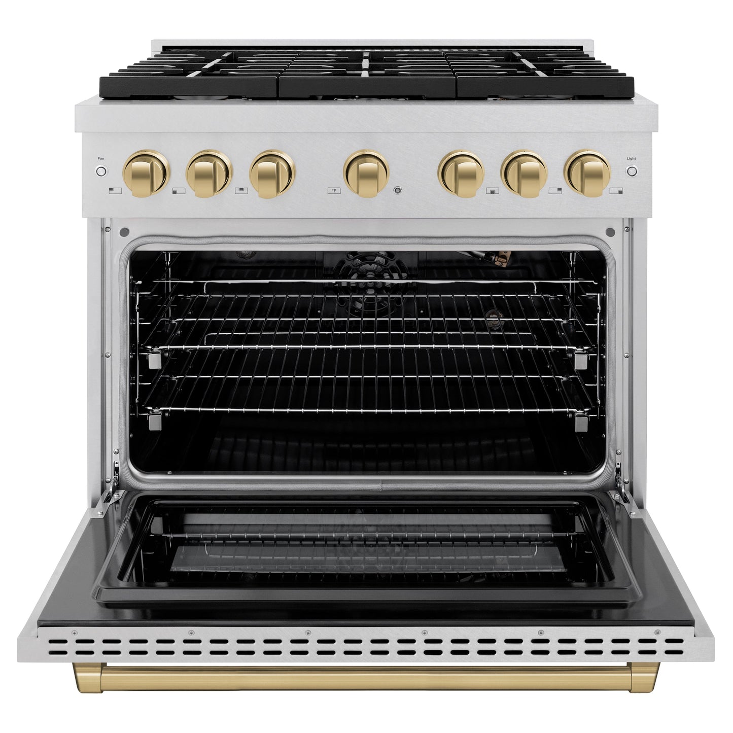 ZLINE Autograph Edition 36 in. 5.2 cu. ft. Paramount Gas Range with 6 Burner Cooktop and Convection Gas Oven in Satin Stainless Steel and Champagne Bronze Accents (SGRSZ-36-CB)