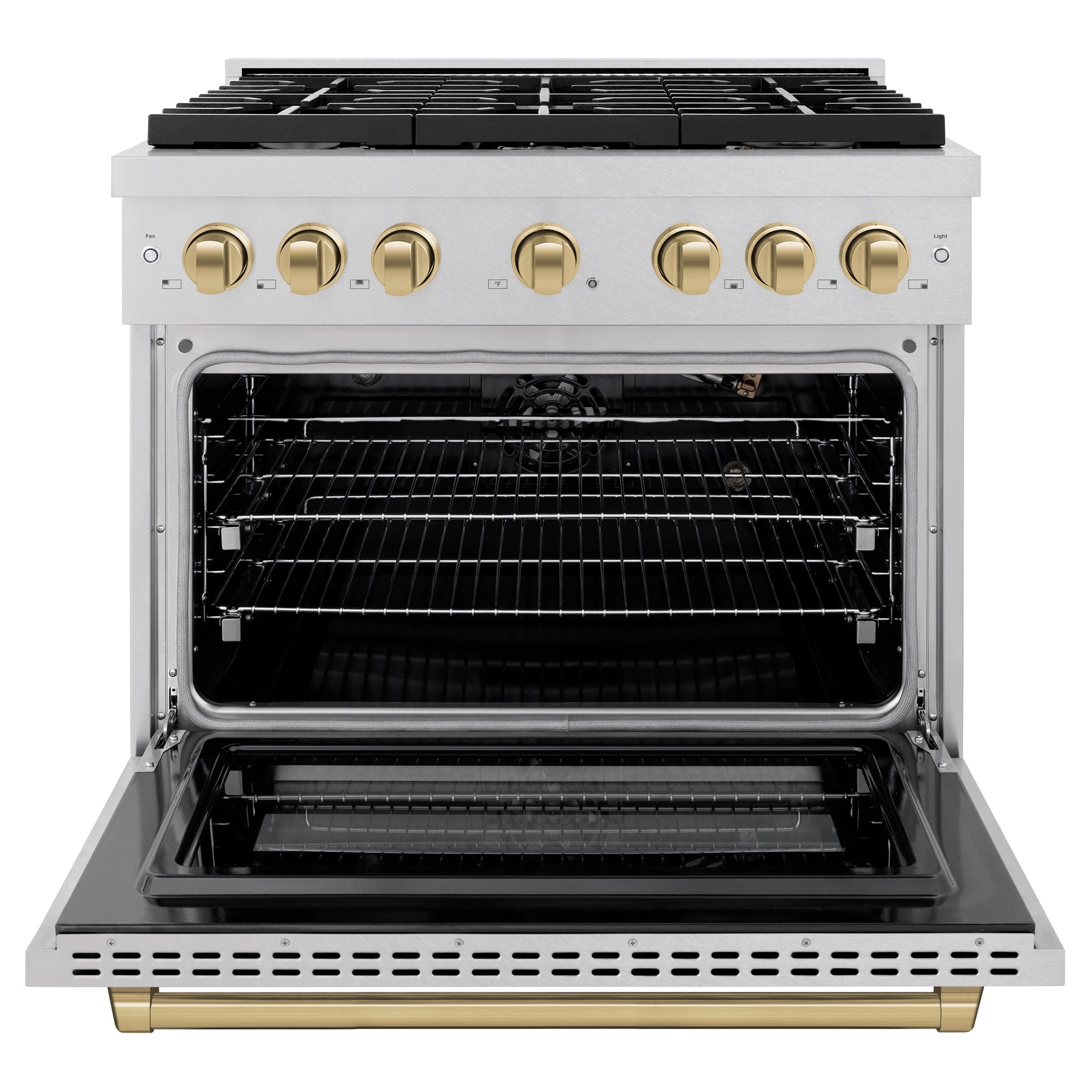 ZLINE Autograph Edition 36 in. 5.2 cu. ft. Paramount Gas Range with 6 Burner Cooktop and Convection Gas Oven in Satin Stainless Steel and Champagne Bronze Accents (SGRSZ-36-CB)