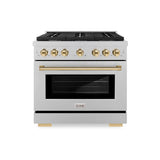 ZLINE Autograph Edition 36 in. 5.2 cu. ft. Paramount Gas Range with 6 Burner Cooktop and Convection Gas Oven in Satin Stainless Steel and Polished Gold Accents (SGRSZ-36-G)