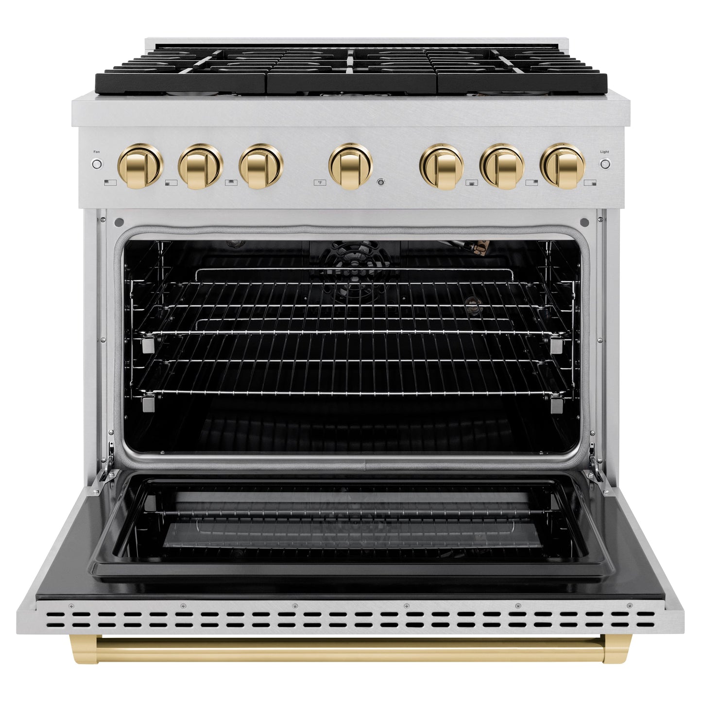 ZLINE Autograph Edition 36 in. 5.2 cu. ft. Paramount Gas Range with 6 Burner Cooktop and Convection Gas Oven in Satin Stainless Steel and Polished Gold Accents (SGRSZ-36-G)