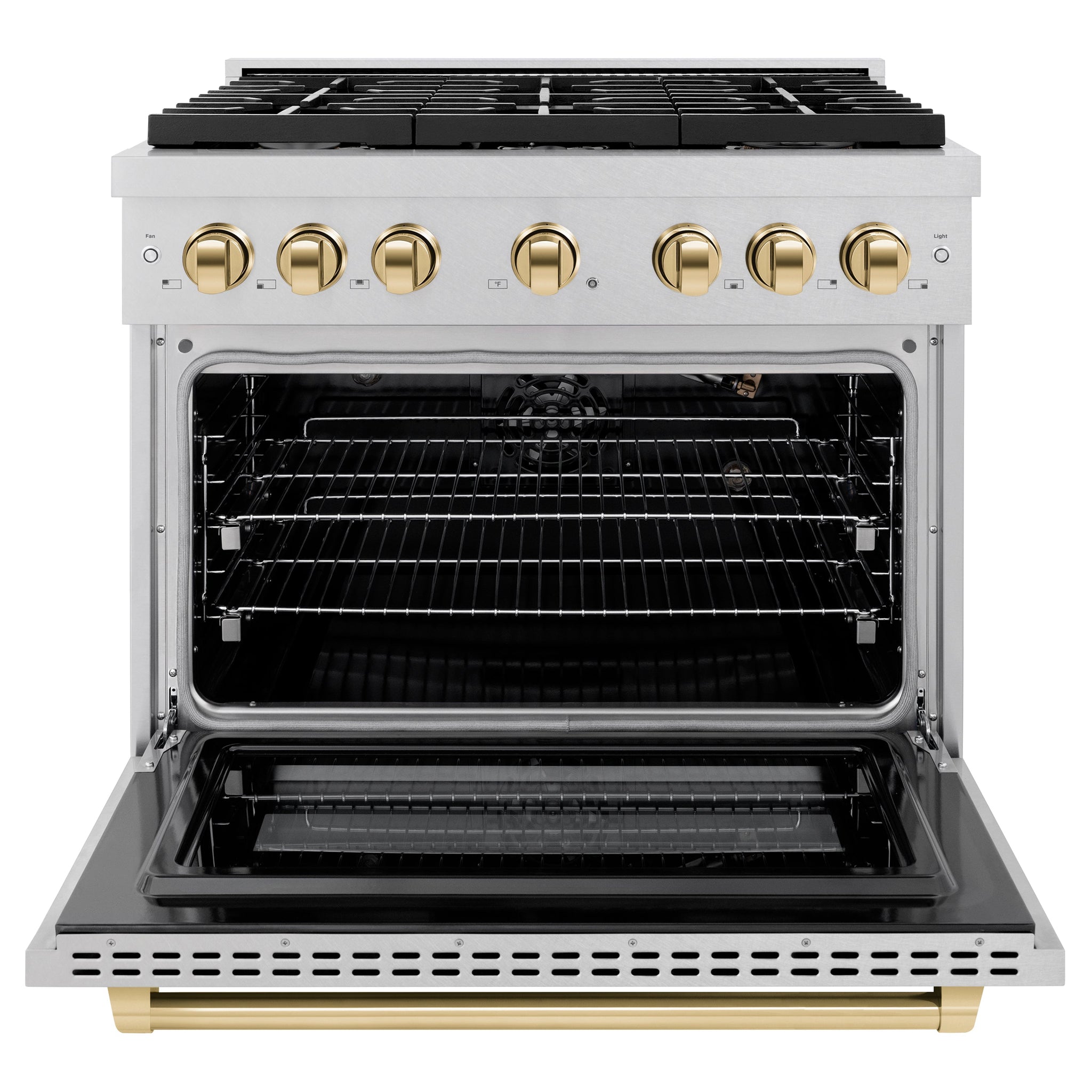 ZLINE Autograph Edition 36 in. 5.2 cu. ft. Paramount Gas Range with 6 Burner Cooktop and Convection Gas Oven in Satin Stainless Steel and Polished Gold Accents (SGRSZ-36-G)