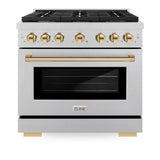 ZLINE Autograph Edition 36 in. 5.2 cu. ft. Paramount Gas Range with 6 Burner Cooktop and Convection Gas Oven in Satin Stainless Steel and Polished Gold Accents (SGRSZ-36-G)