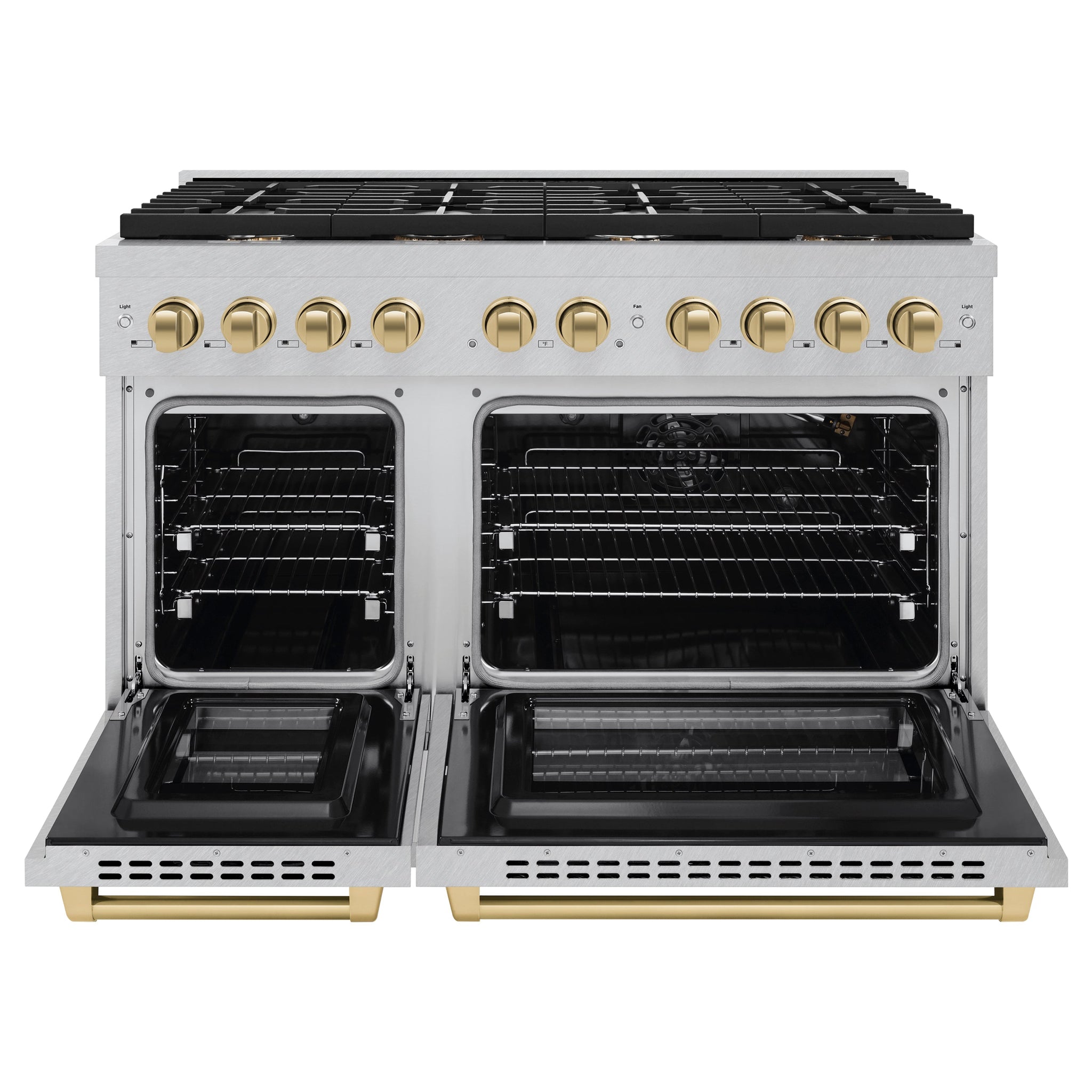 ZLINE Autograph Edition 48 in. 6.7 cu. ft. Paramount Double Oven Gas Range with 8 Burner Cooktop in Satin Stainless Steel and Champagne Bronze Accents (SGRSZ-48-CB)