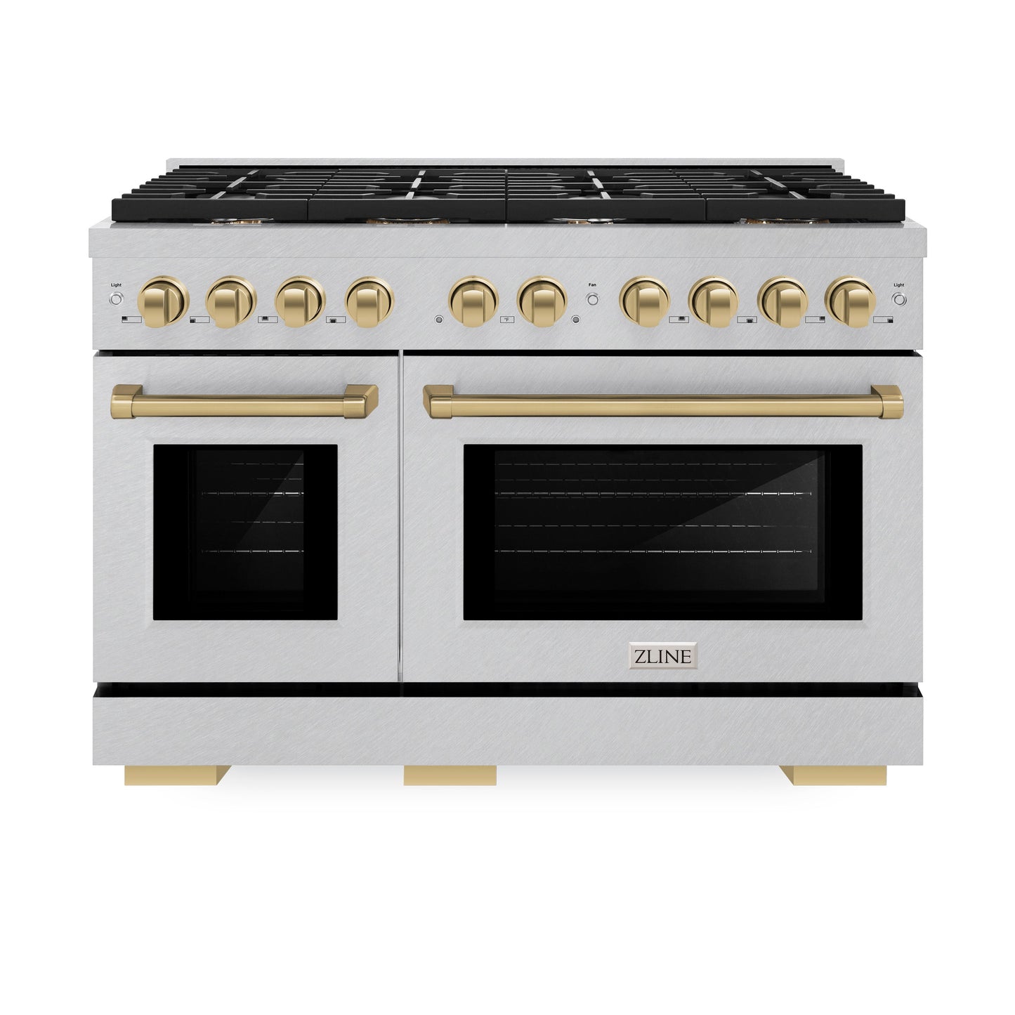 ZLINE Autograph Edition 48 in. 6.7 cu. ft. Paramount Double Oven Gas Range with 8 Burner Cooktop in Satin Stainless Steel and Champagne Bronze Accents (SGRSZ-48-CB)
