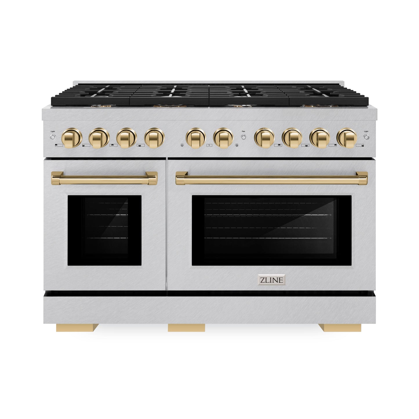 ZLINE Autograph Edition 48 in. 6.7 cu. ft. Paramount Double Oven Gas Range with 8 Burner Cooktop in Satin Stainless Steel and Polished Gold Accents (SGRSZ-48-G)