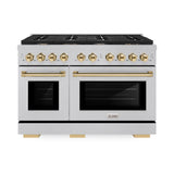 ZLINE Autograph Edition 48 in. 6.7 cu. ft. Paramount Double Oven Gas Range with 8 Burner Cooktop in Satin Stainless Steel and Polished Gold Accents (SGRSZ-48-G)