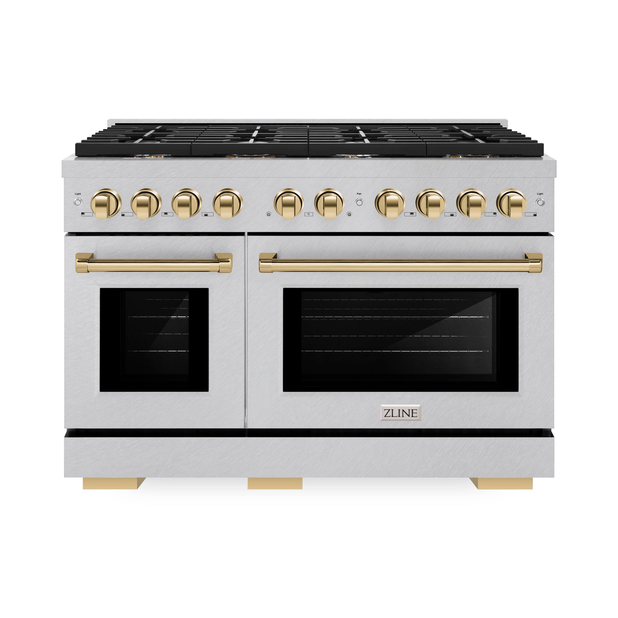 ZLINE Autograph Edition 48 in. 6.7 cu. ft. Paramount Double Oven Gas Range with 8 Burner Cooktop in Satin Stainless Steel and Polished Gold Accents (SGRSZ-48-G)