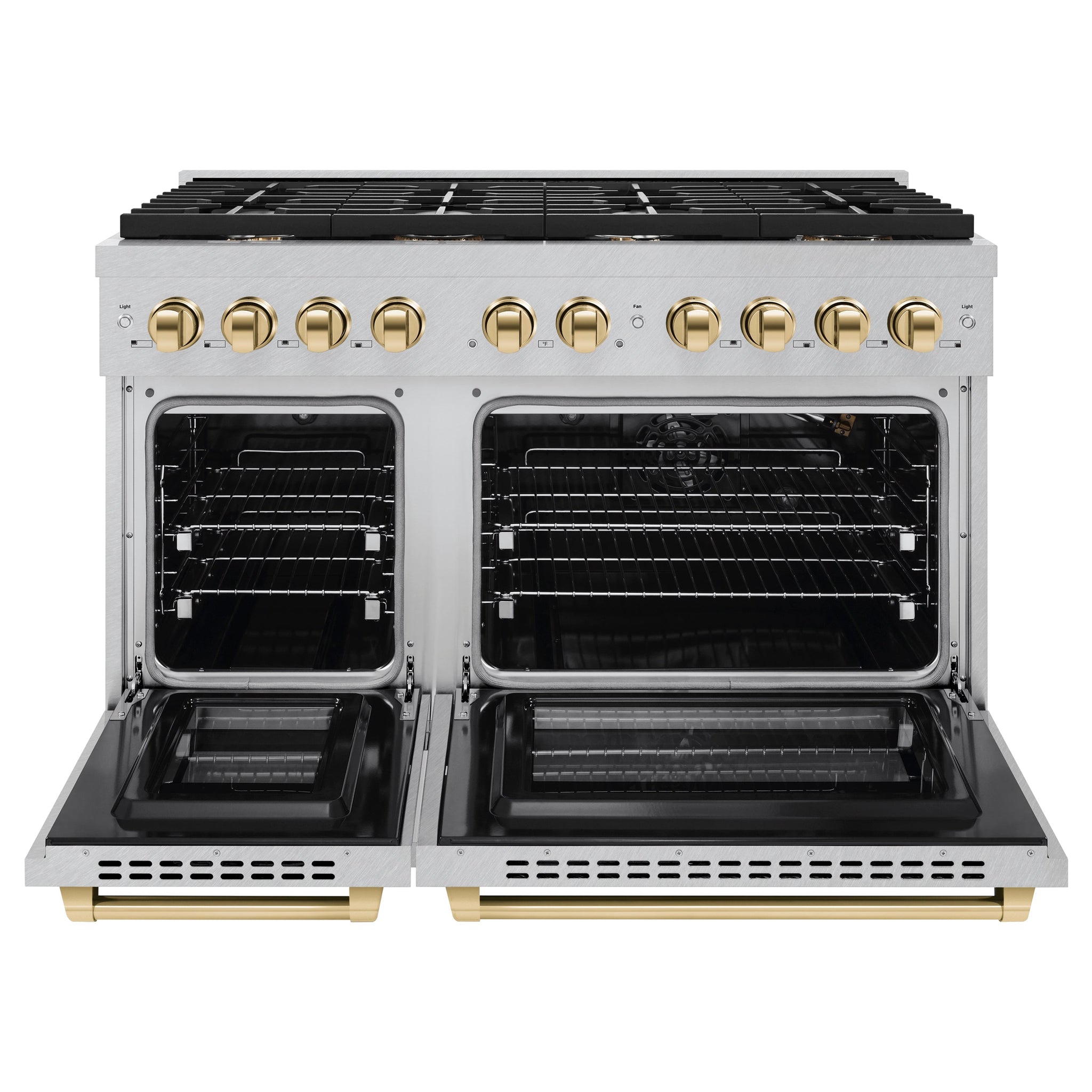 ZLINE Autograph Edition 48 in. 6.7 cu. ft. Paramount Double Oven Gas Range with 8 Burner Cooktop in Satin Stainless Steel and Polished Gold Accents (SGRSZ-48-G)