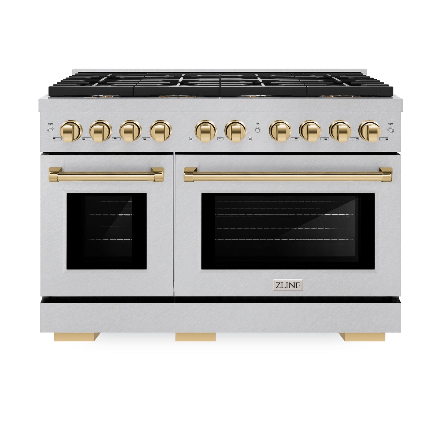 ZLINE Autograph Edition 48 in. 6.7 cu. ft. Paramount Double Oven Gas Range with 8 Burner Cooktop in Satin Stainless Steel and Polished Gold Accents (SGRSZ-48-G)