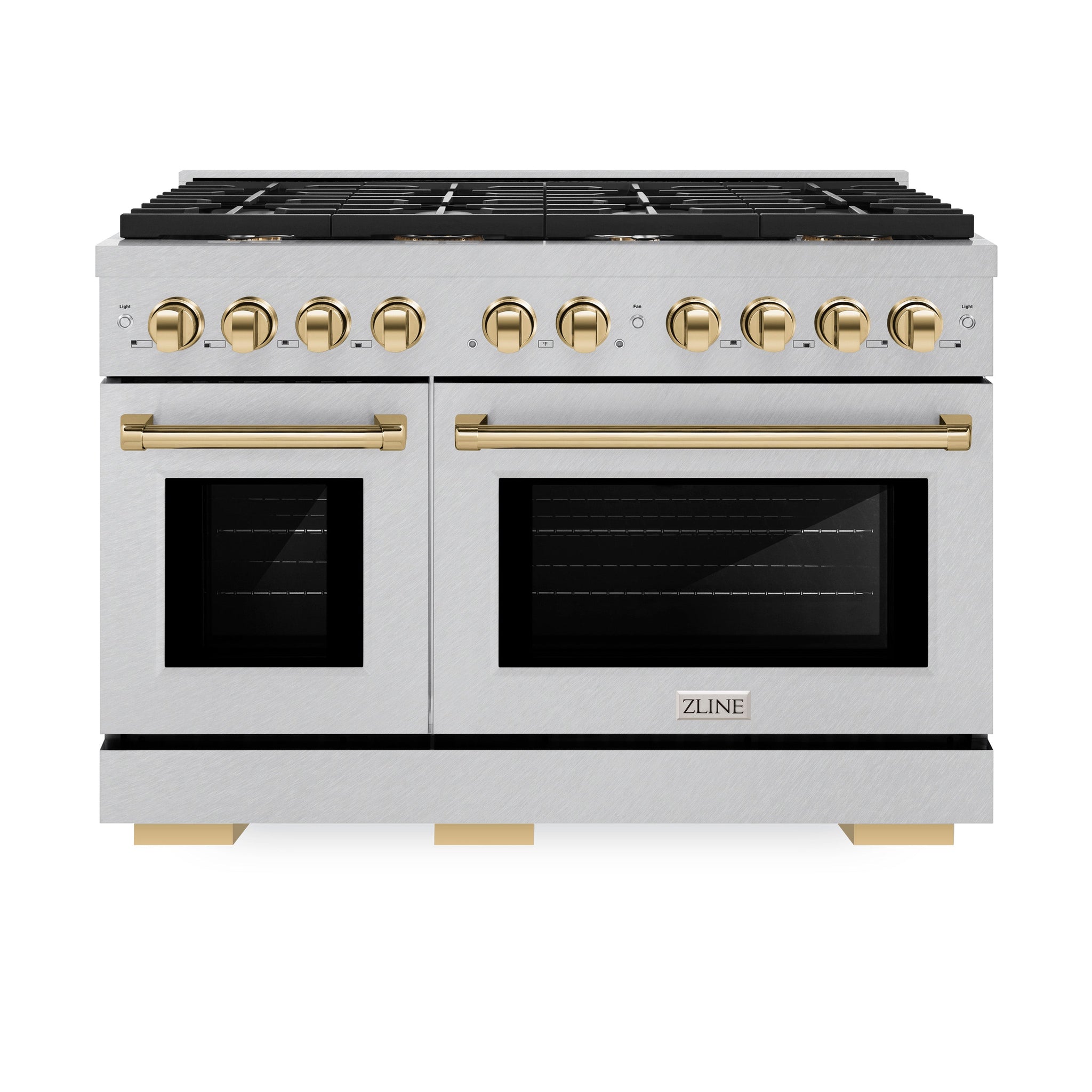 ZLINE Autograph Edition 48 in. 6.7 cu. ft. Paramount Double Oven Gas Range with 8 Burner Cooktop in Satin Stainless Steel and Polished Gold Accents (SGRSZ-48-G)