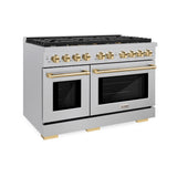 ZLINE Autograph Edition 48 in. 6.7 cu. ft. Paramount Double Oven Gas Range with 8 Burner Cooktop in Satin Stainless Steel and Polished Gold Accents (SGRSZ-48-G)