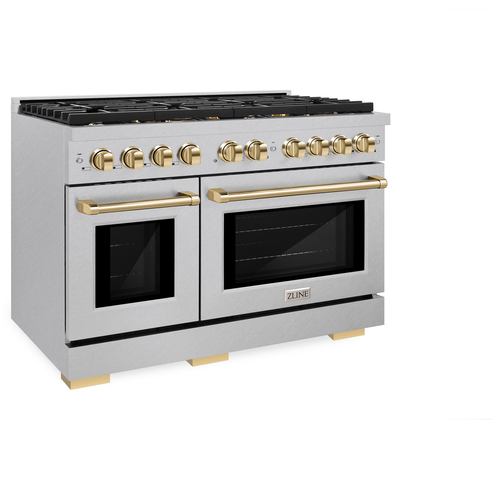 ZLINE Autograph Edition 48 in. 6.7 cu. ft. Paramount Double Oven Gas Range with 8 Burner Cooktop in Satin Stainless Steel and Polished Gold Accents (SGRSZ-48-G)