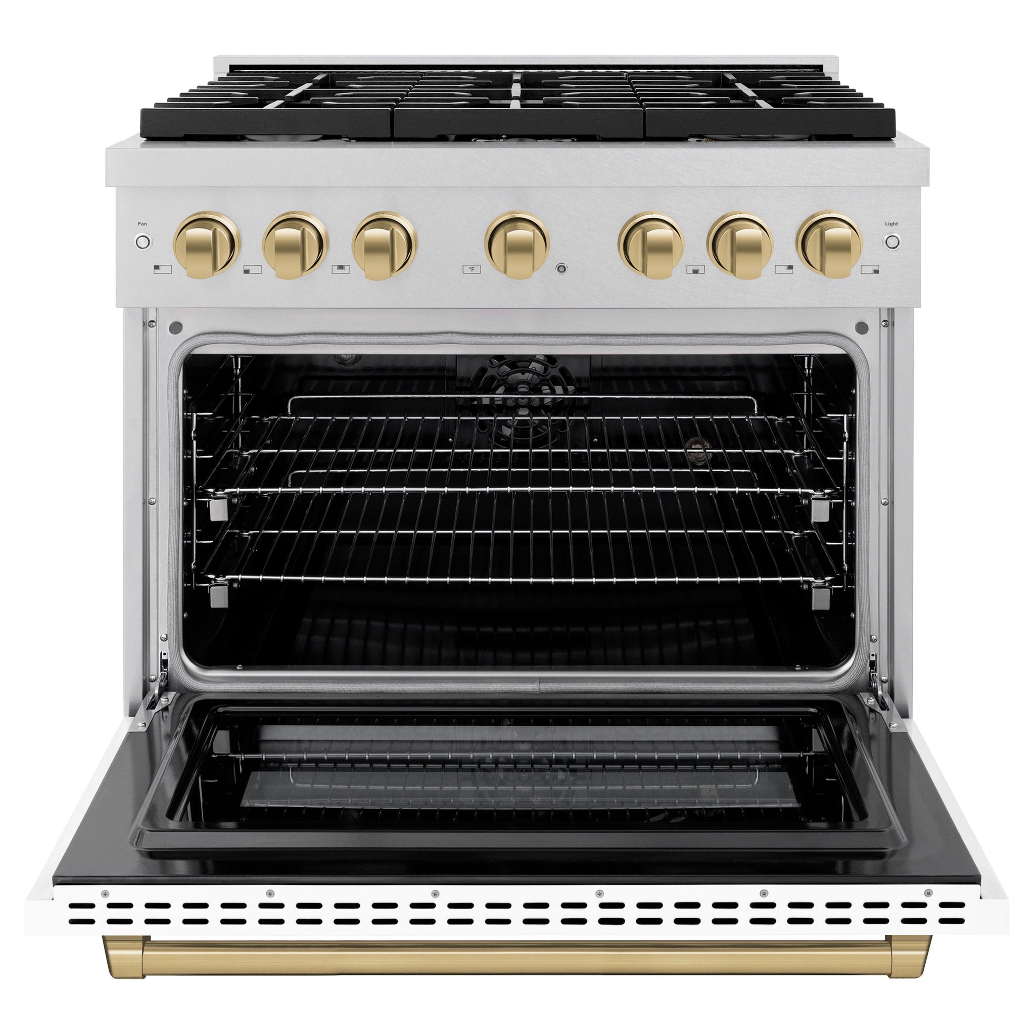 ZLINE Autograph Edition 36 in. 5.2 cu. ft. Paramount Dual Fuel Range with 6 Burner Gas Cooktop and Electric Convection Oven in Satin Stainless Steel with White Matte Door and Champagne Bronze Accents (SDRSZ-WM-36-CB)