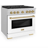ZLINE Autograph Edition 36 in. 5.2 cu. ft. Paramount Dual Fuel Range with 6 Burner Gas Cooktop and Electric Convection Oven in Satin Stainless Steel with White Matte Door and Champagne Bronze Accents (SDRSZ-WM-36-CB)