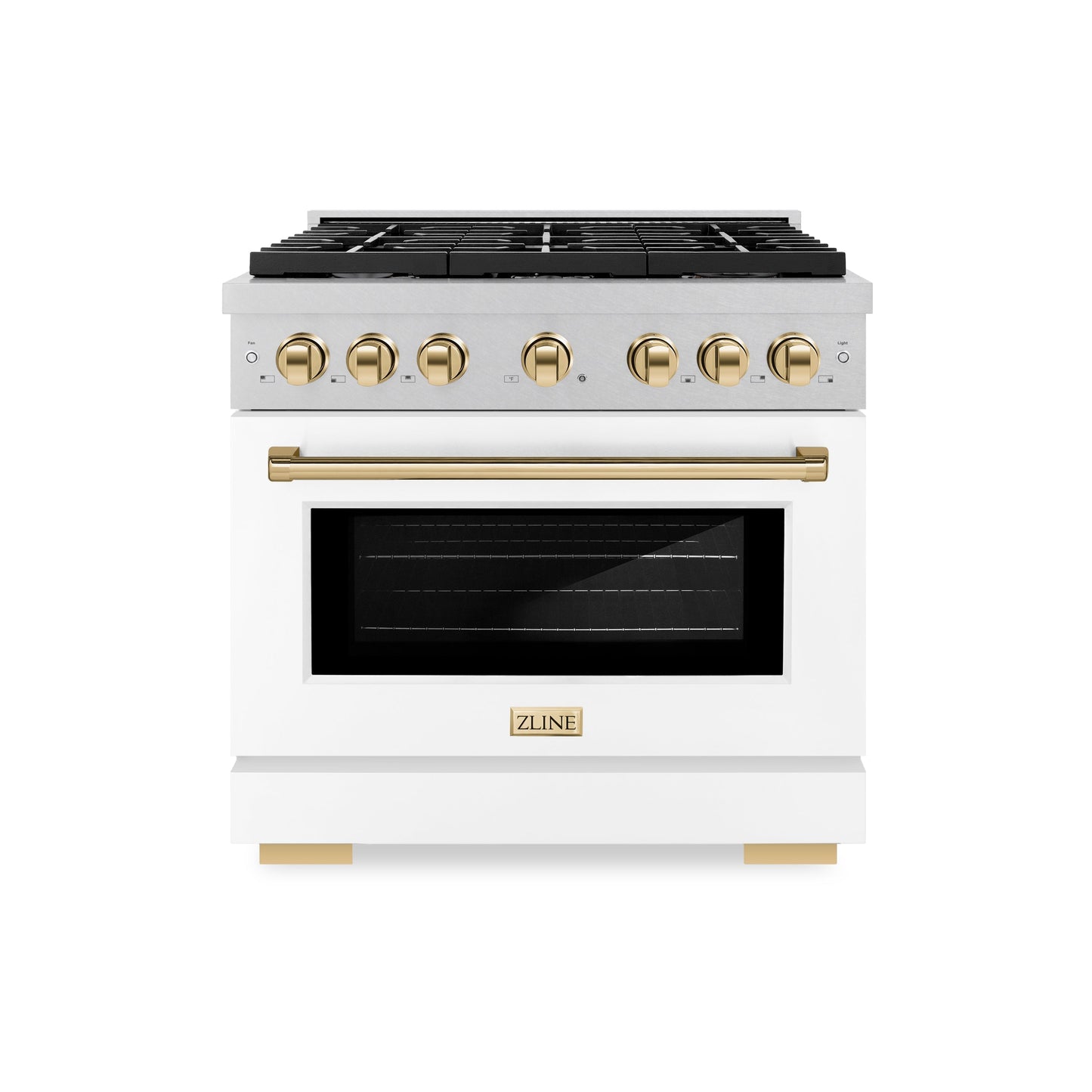 ZLINE Autograph Edition 36 in. 5.2 cu. ft. Paramount Dual Fuel Range with 6 Burner Gas Cooktop and Electric Convection Oven in Satin Stainless Steel with White Matte Door and Polished Gold Accents (SDRSZ-WM-36-G)