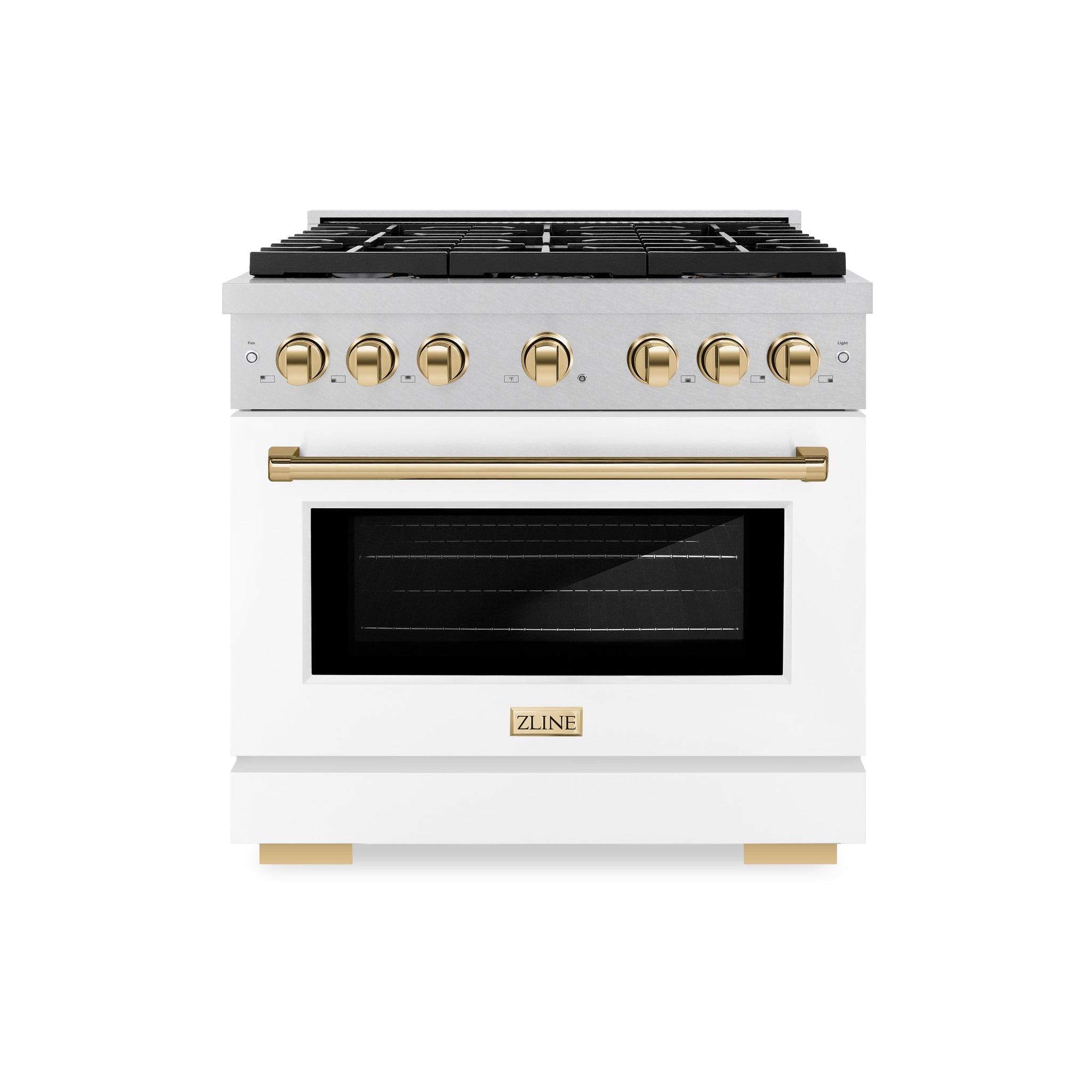 ZLINE Autograph Edition 36 in. 5.2 cu. ft. Paramount Dual Fuel Range with 6 Burner Gas Cooktop and Electric Convection Oven in Satin Stainless Steel with White Matte Door and Polished Gold Accents (SDRSZ-WM-36-G)