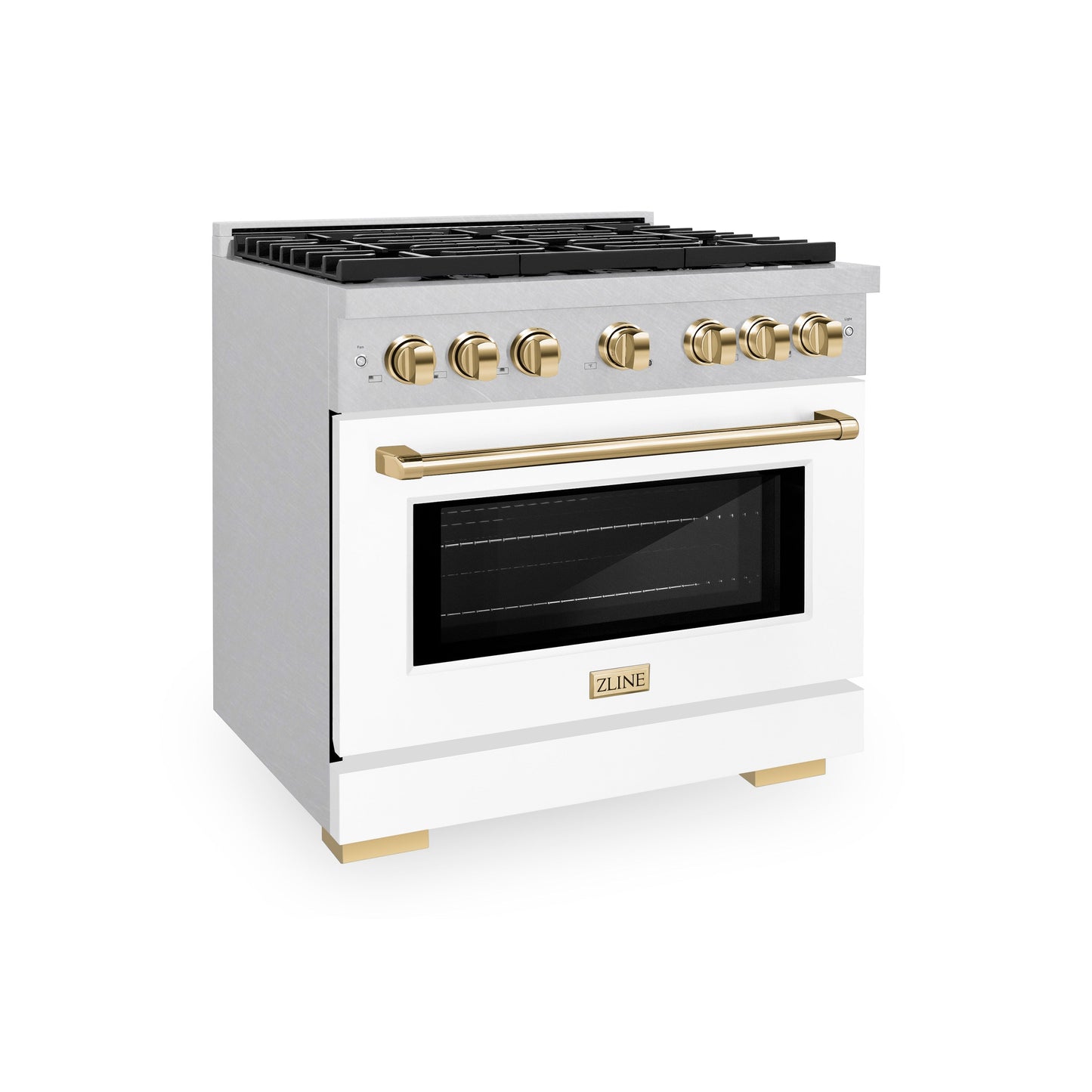 ZLINE Autograph Edition 36 in. 5.2 cu. ft. Paramount Dual Fuel Range with 6 Burner Gas Cooktop and Electric Convection Oven in Satin Stainless Steel with White Matte Door and Polished Gold Accents (SDRSZ-WM-36-G)