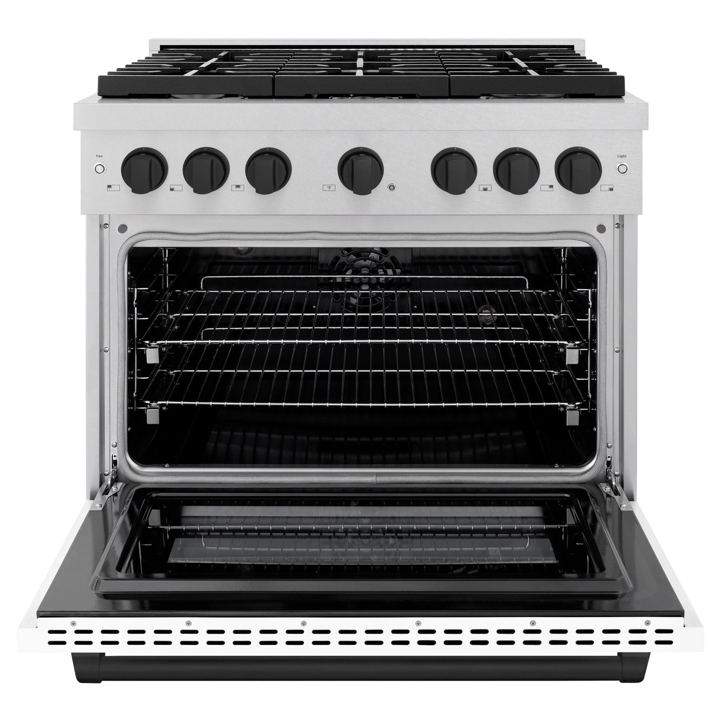 ZLINE Autograph Edition 36 in. 5.2 cu. ft. Paramount Dual Fuel Range with 6 Burner Gas Cooktop and Electric Convection Oven in Satin Stainless Steel with White Matte Door and Matte Black Accents (SDRSZ-WM-36-MB)