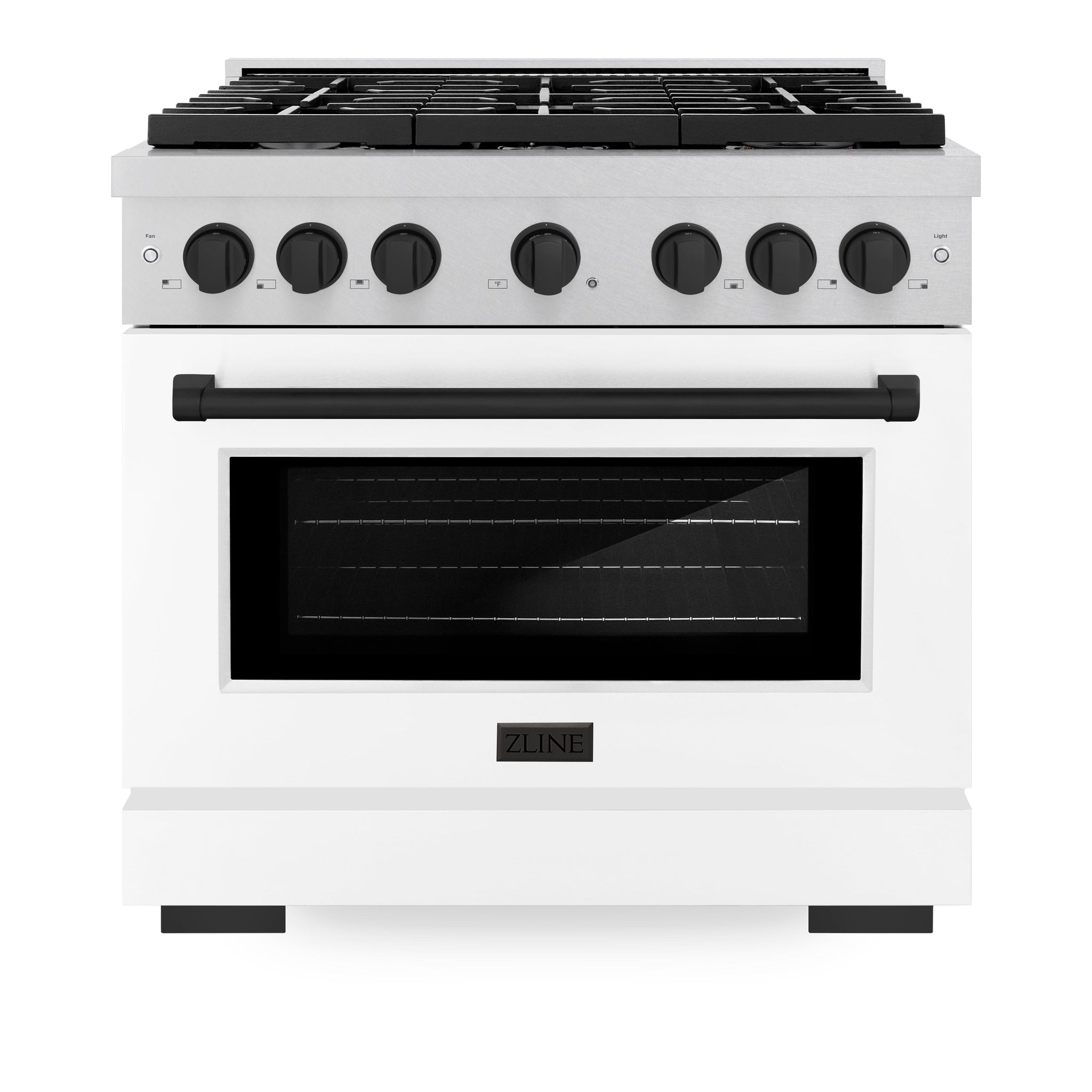 ZLINE Autograph Edition 36 in. 5.2 cu. ft. Paramount Dual Fuel Range with 6 Burner Gas Cooktop and Electric Convection Oven in Satin Stainless Steel with White Matte Door and Matte Black Accents (SDRSZ-WM-36-MB)