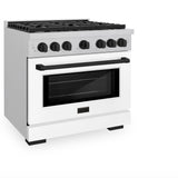 ZLINE Autograph Edition 36 in. 5.2 cu. ft. Paramount Dual Fuel Range with 6 Burner Gas Cooktop and Electric Convection Oven in Satin Stainless Steel with White Matte Door and Matte Black Accents (SDRSZ-WM-36-MB)