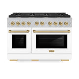 ZLINE Autograph Edition 48 in. 6.7 cu. ft. Paramount Double Oven Dual Fuel Range with 8 Burner Gas Cooktop in Satin Stainless Steel with White Matte Doors and Champagne Bronze Accents (SDRSZ-WM-48-CB)